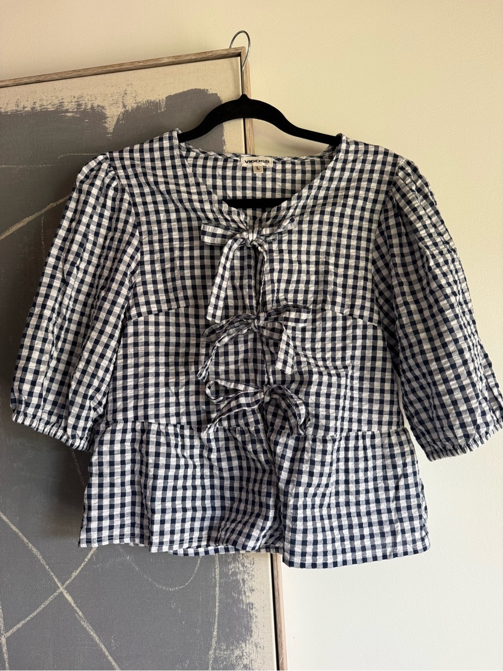 Vigoss Navy and White Gingham Tie-Front Peplum Blouse